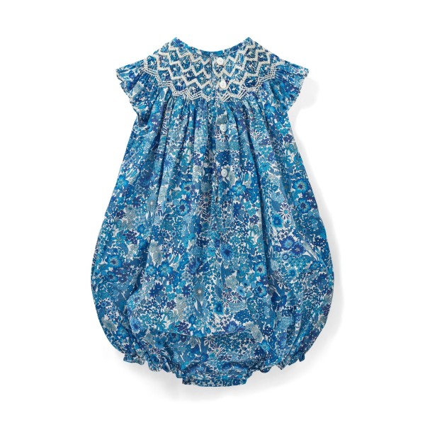Coco Romper with White Horses Hand Smocking made with Liberty Margaret Annie Azure