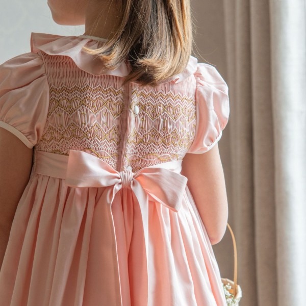 Margaret Special Occasion Dress Seashell Cotton Sateen with Gold & Pearl Hand Smocking