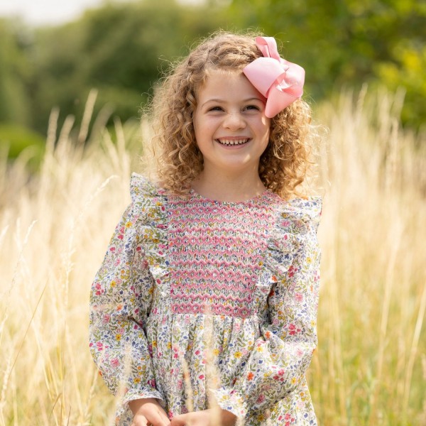 Anna Pavlova Dress Secret Garden Linen with Sweet William Hand Smocking