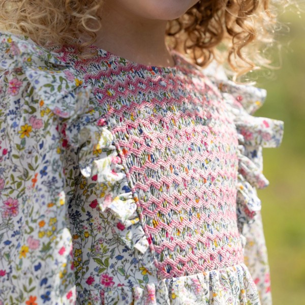Anna Pavlova Dress Secret Garden Linen with Sweet William Hand Smocking