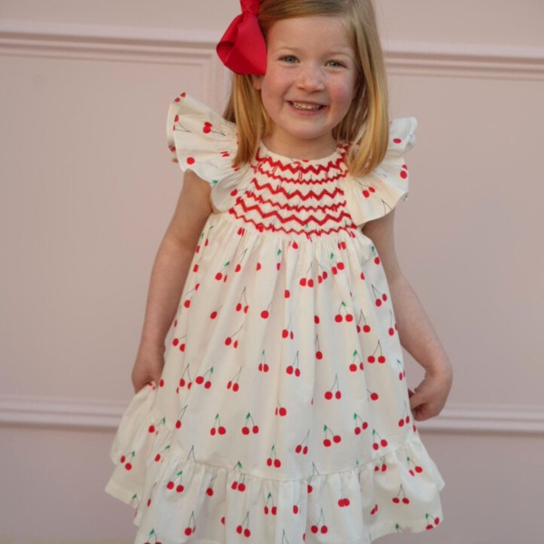 Indira Gandhi Flutter Dress Mon Cherry Cotton with a La Mode Hand Smocking Indira Gandhi Flutter Dress Mon Cherry Cotton with a La Mode Hand Smocking