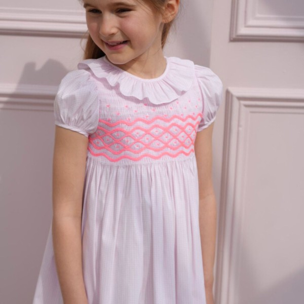 Katherine Johnson Dress Pink Grid Cotton with Strawberrylicious Hand Smocking