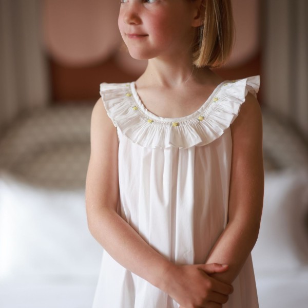 Memo Press x Smock London Girls Alice Dress Moonstone with Yellow Rose Hand Smocking