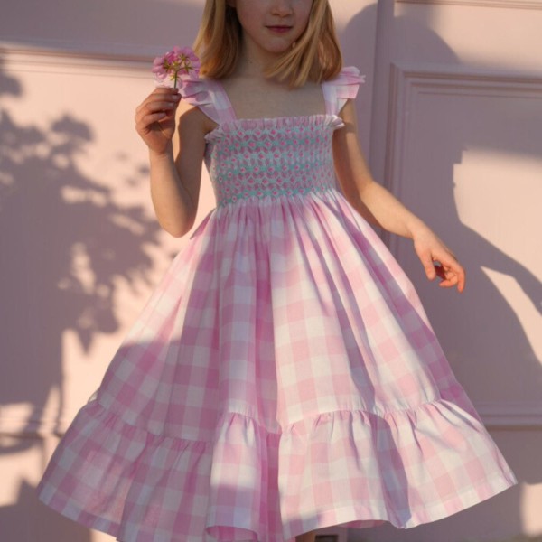 Rachel Carson Girls Dress Candy Floss Gingham with Spearmint Hand Smocking