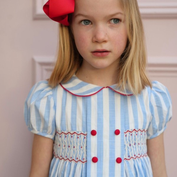 Thatcher Dress Sailor Stripe with White Heart Hand Smocking Thatcher Dress Sailor Stripe with White Heart Hand Smocking