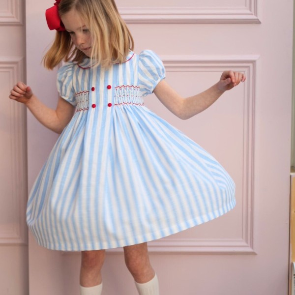 Thatcher Dress Sailor Stripe with White Heart Hand Smocking Thatcher Dress Sailor Stripe with White Heart Hand Smocking