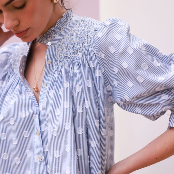 Scholl Blouse Bubble Weave Cotton with Double Cream Hand Smocking Edition 60