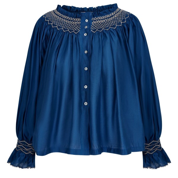 Cleopatra Blouse Cobalt Silk Cotton Sapphire with Vanilla Hand Smocking Edition 33 Cleopatra Blouse Cobalt Silk Cotton Sapphire with Vanilla Hand Smocking Edition 33