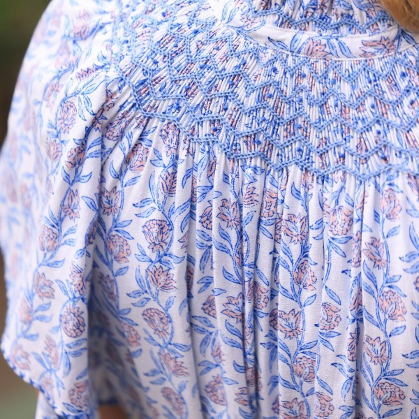 Colette Dress Passionflower Trellis with Delphinium Blue Hand Smocking