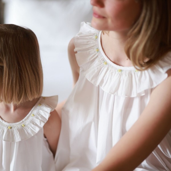 Memo Press x Smock London Women's Alice Dress Moonstone with Yellow Rose Hand Smocking