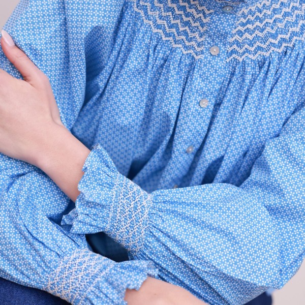 Pom x Smock London Scholl Blouse Paperwhite Ditsy with Snowdrop Hand Smocking Edition 61