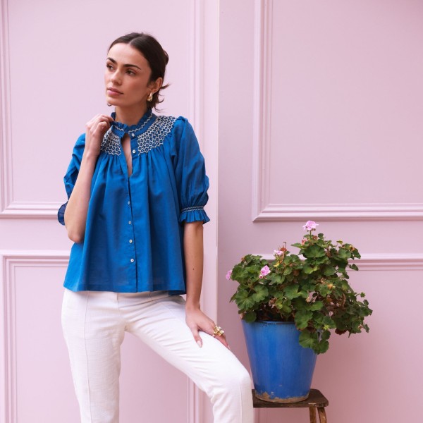 Scholl Blouse Cobalt Linen with Vanilla Hand Smocking Edition 54