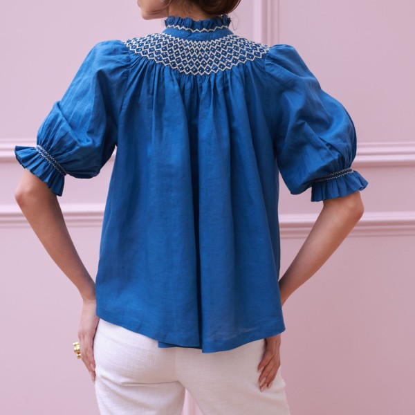 Scholl Blouse Cobalt Linen with Vanilla Hand Smocking Edition 54