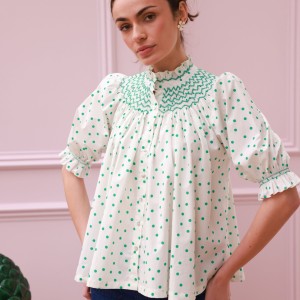 Scholl Blouse Frog Polka cotton with Jade Hand Smocking Edition 59 Scholl Blouse Frog Polka cotton with Jade Hand Smocking Edition 59