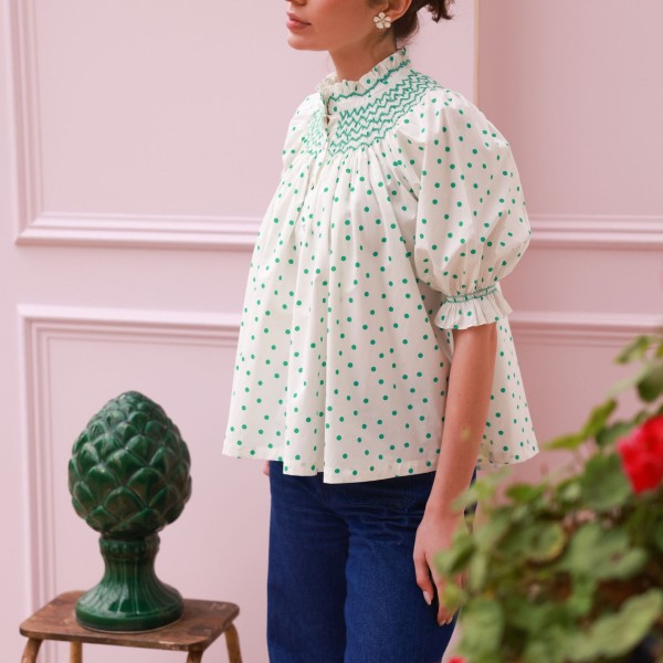 Scholl Blouse Frog Polka cotton with Jade Hand Smocking Edition 59