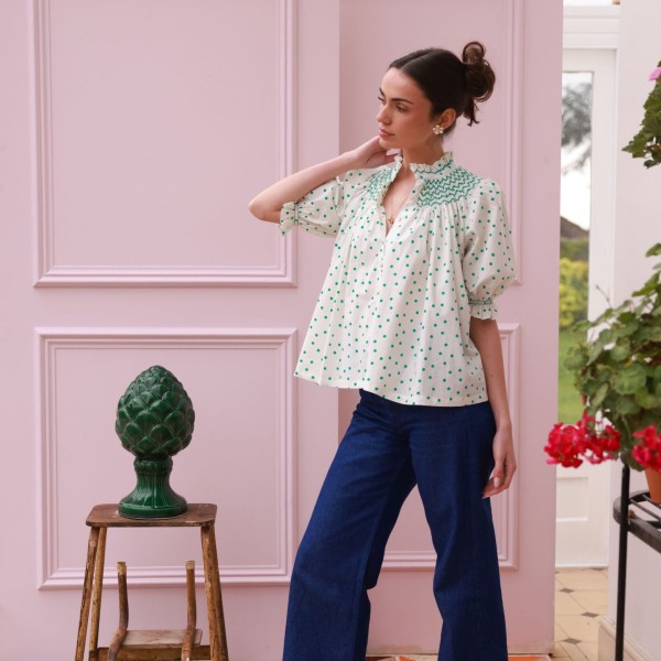 Scholl Blouse Frog Polka cotton with Jade Hand Smocking Edition 59