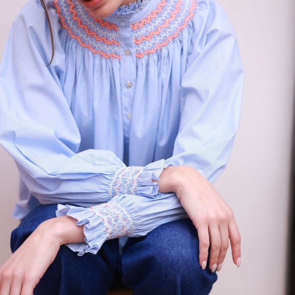 Scholl Blouse Oxford Stripe with Orange Blossom Hand Smocking Edition 62