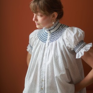 Scholl Blouse Paint Prick Linen with Navy Hand Smocking Edition 57 Scholl Blouse Paint Prick Linen with Navy Hand Smocking Edition 57