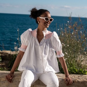 Scholl Women's Summer Blouse White with Coral Hand Smocking Scholl Women's Summer Blouse White with Coral Hand Smocking