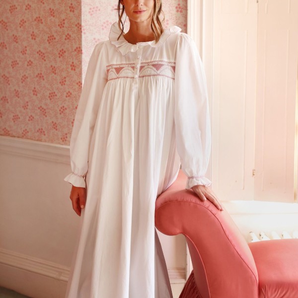 Nightingale Women's Dress Long Sleeves Moonstone with Kir Royale Hand Smocking